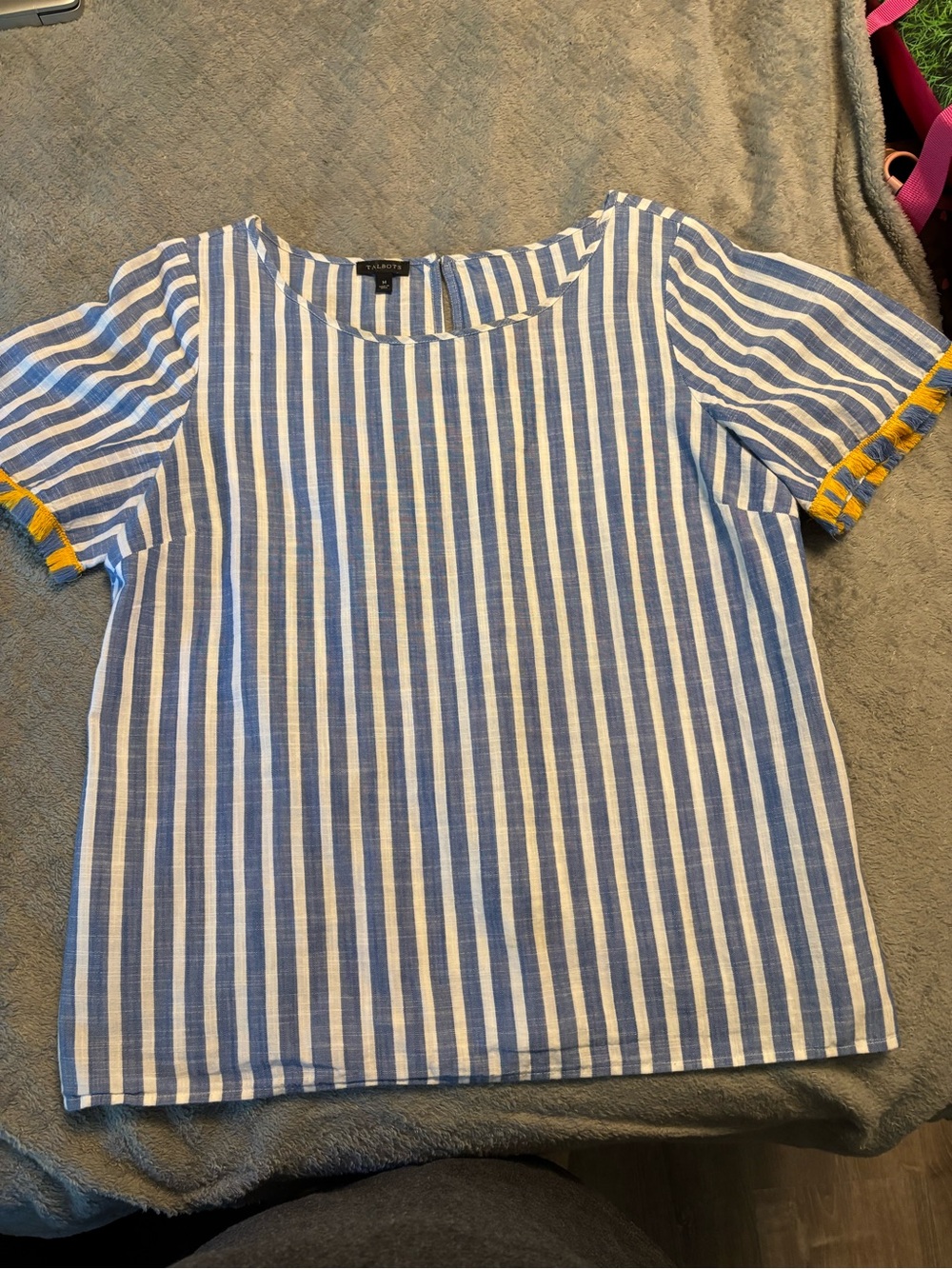 Talbots Blue and White Striped Short Sleeve Top with Yellow Sleeve Trim